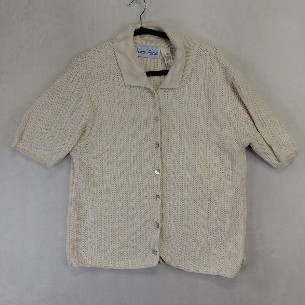 Cotton Forever Vintage Cream Knit Short Sleeve Cardigan Button Front Top Medium